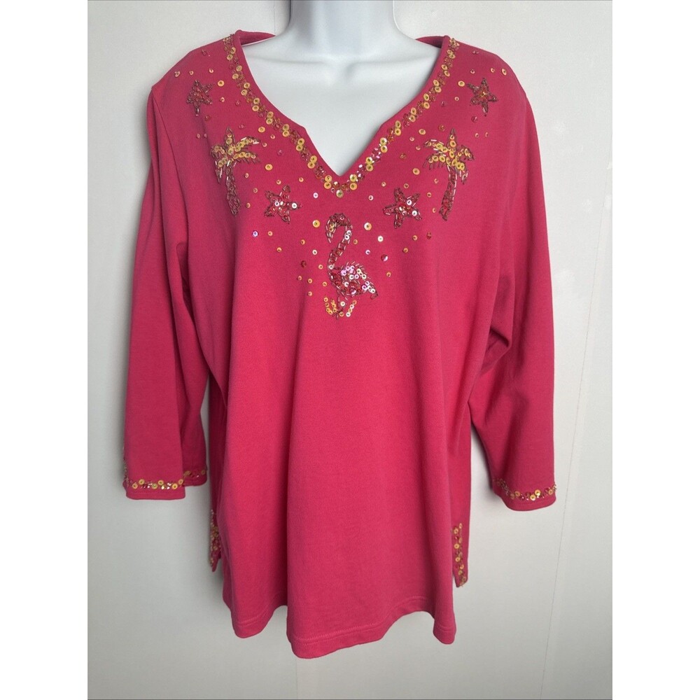 Quacker Factory Womens Shirt Large Pink Flamingo Colorful Fun Cruise Vacation